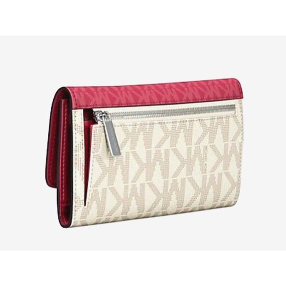 New Michael Kors Jet Set Travel Large Logo Trifold Wallet Dark Raspberry Multi - Picture 3 of 4